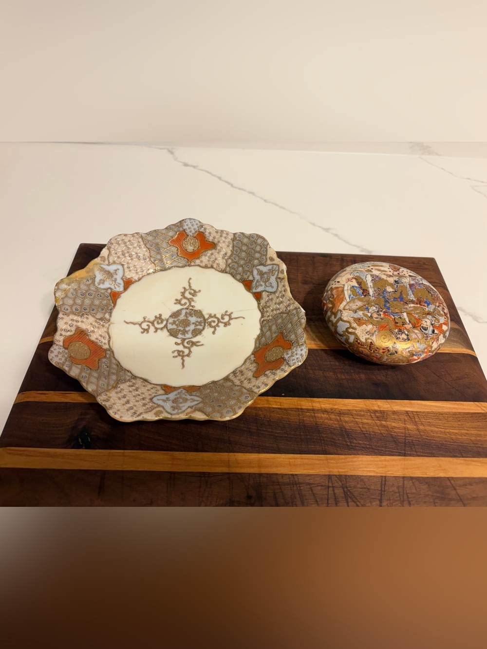 Antique 19th C Japanese Kutani Satsuma Porcelain Plate Lidded Dish AS IS